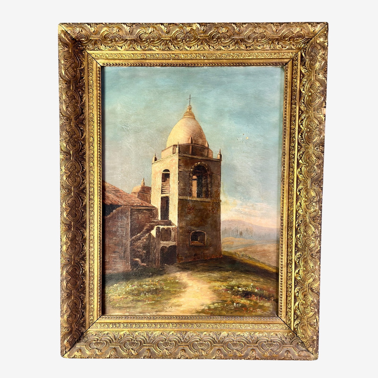 Orientalist Oil on Canvas by F. Short: Signed "F. Short" l.r., depicting a structure in the foregound and landscape view. Early 20th century. 21.5" x 15.5" (sight), 28" x 22" (framed).