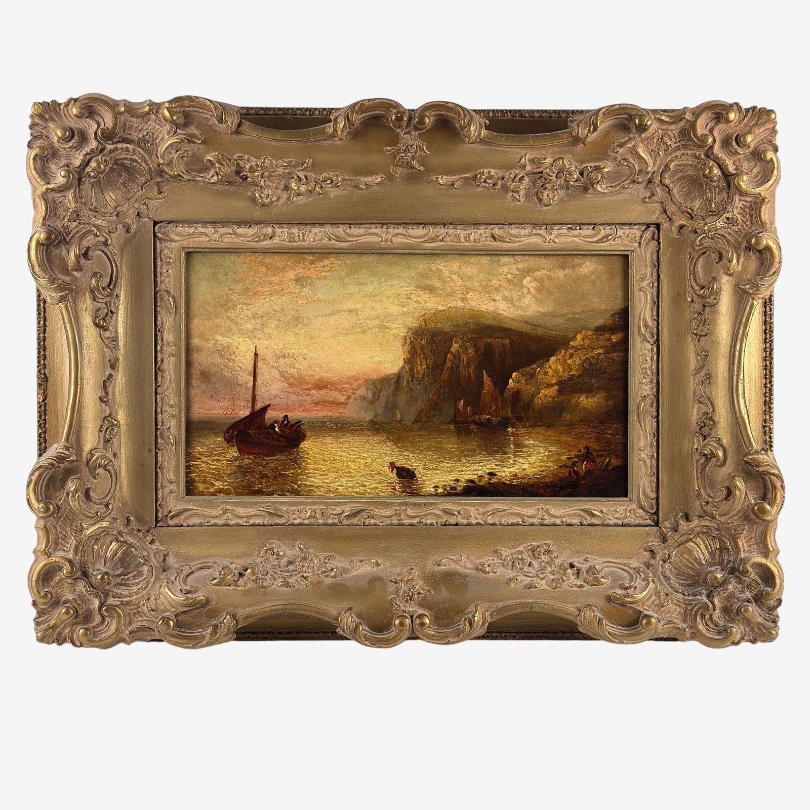 Shoreline Oil in the Manner of RIchard P. Bonington: Richard Parkes Bonington (English, 1802-1828). Oil on canvas, unsigned but with Parkes name to frame's liner. 9" x 15.5" (sight), 18" x 26" (framed).