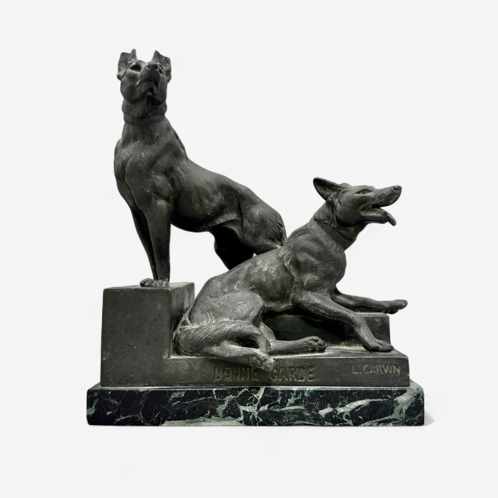 Bonne Garde, Francaise Garvin Bronze: Two shepherds, perched on steps, atop a marble base. Titled and signed in mold to base, with foundry stamp to verso. 8" ht.
