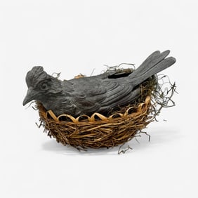 Bronze Sculpture of a Bird in Wove Basket