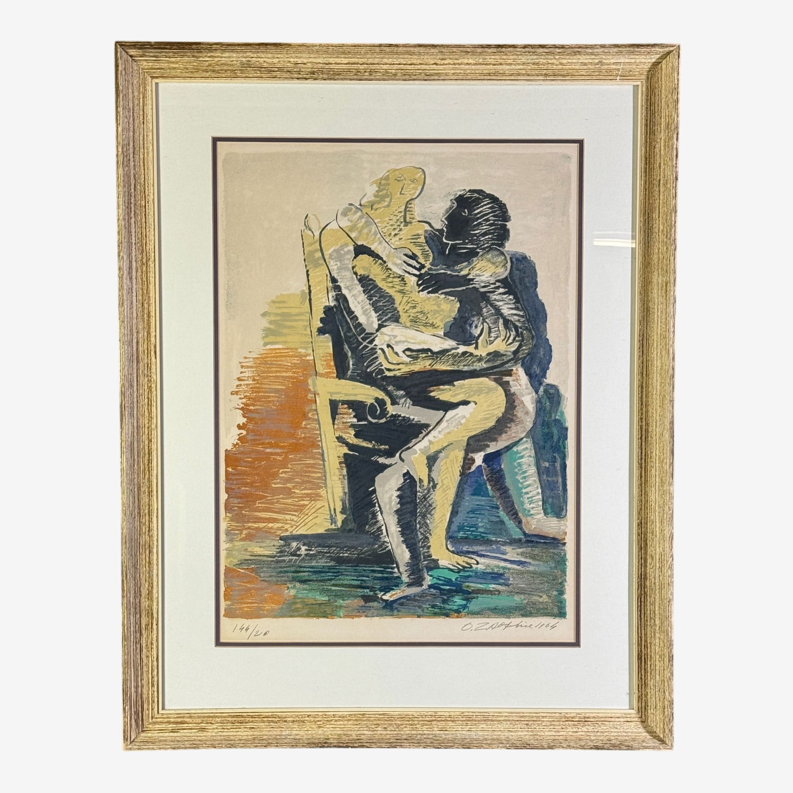 Ossip Zadkine (Russian, 1888-1967): Titled "Lovers", numbered 144/210, dated 1964 and signed in graphite to the lower left. Sight size: 22.5" ht. x 16.5" wd., framed size: 34" ht. x 26.5" wd.