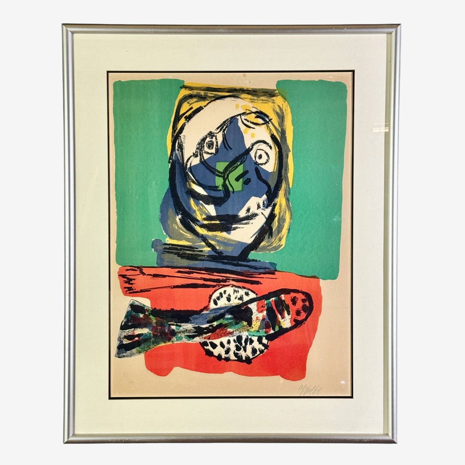 Karel Appel (Dutch, 1921-2006): Lithograph by Appel titled "Head and Fish", numbered 187/200 and signed lower right. Sight size: 27" ht. x 20" wd., framed size: 37" ht. x 28" wd.
