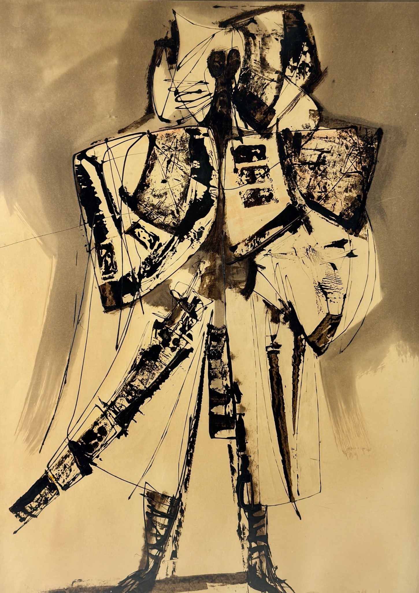 Dean Meeker, Wash and Acrylic: Signed by Meeker to the lower right. An abstract painting consisting of ink wash and acrylic, depicting a standing figure. Framed size: 33.5" ht. x 25" wd.