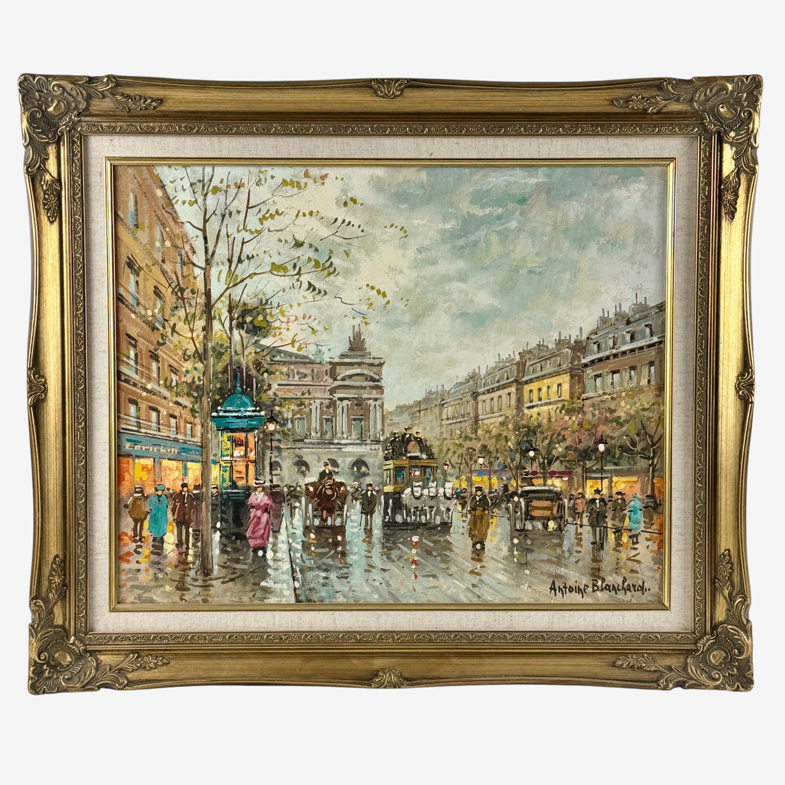 Antoine Blanchard Oil on Canvas Parisian Scene: Purchased from Miller Gallery in Cincinnati, OH, 20th century. Signed lower right, depicting a Parisian street scene. Sight size: 15.5" ht. x 19.5" wd., framed size: 21" ht. x 25" wd.