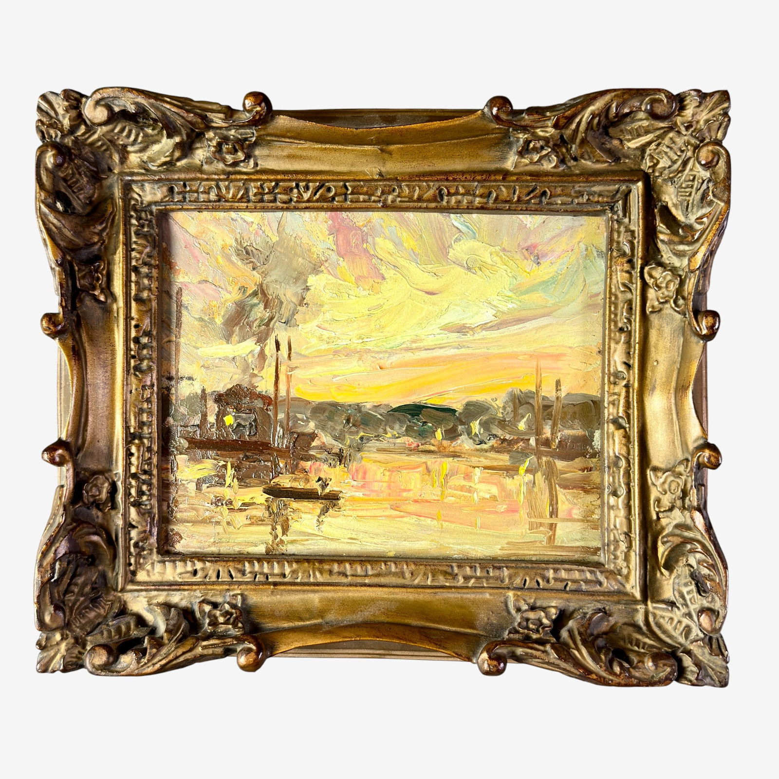 Gloucester Harbor Scene by Oscar Anderson: Oscar Anderson (American, 1873-1953). Oil on board, signed by artist to verso. 7" x 9" (sight), 11.5" x 13.5" (framed).