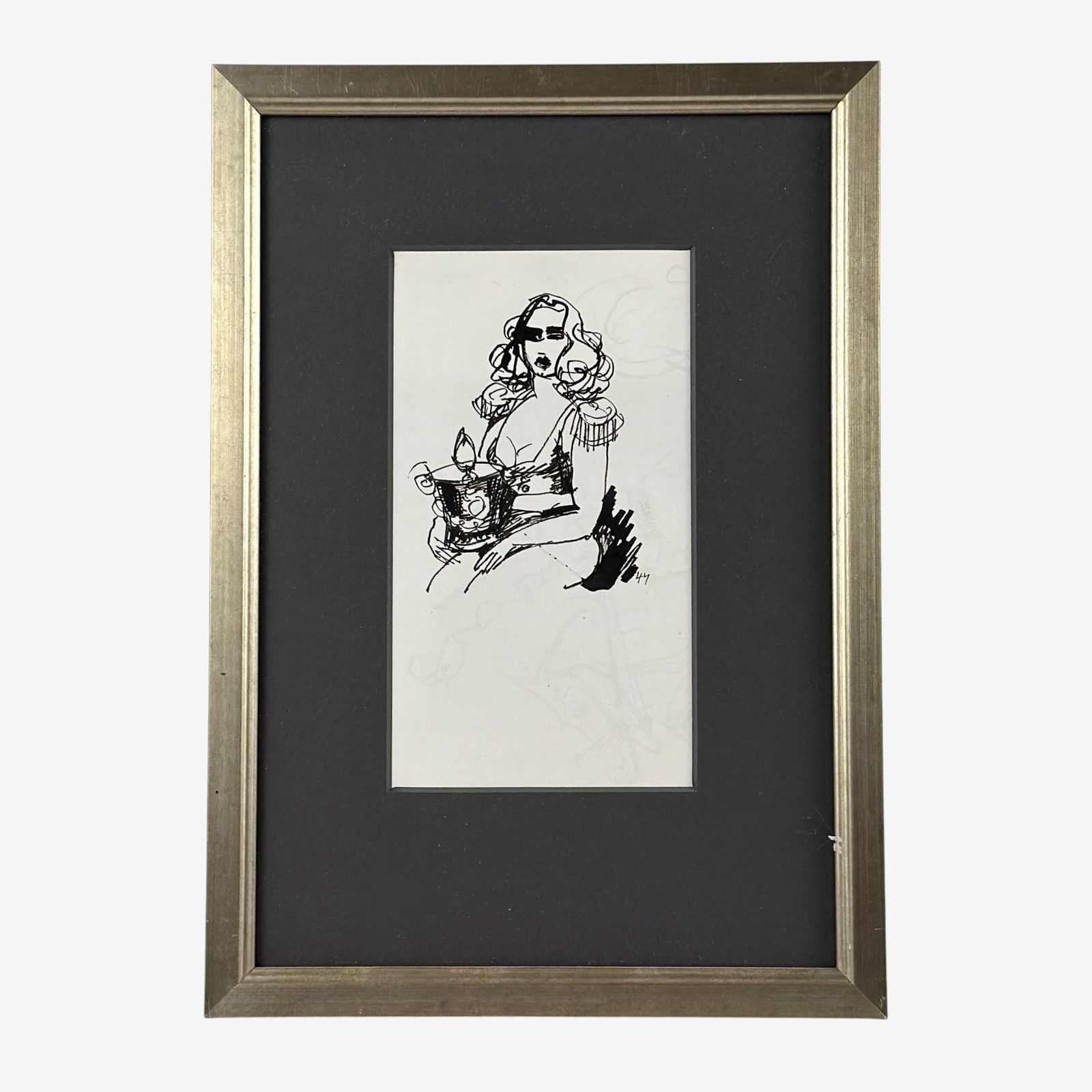 Sketch by Walt Kuhn, 1944: Walt Kuhn (American, 1877-1949). Double sided ink sketch on paper, dated 44 to one side. Sold at Swann on June 12, 2014, as a group. Lots 82. 7.5" x 4" (sight), 12.75" x 9" (framed).