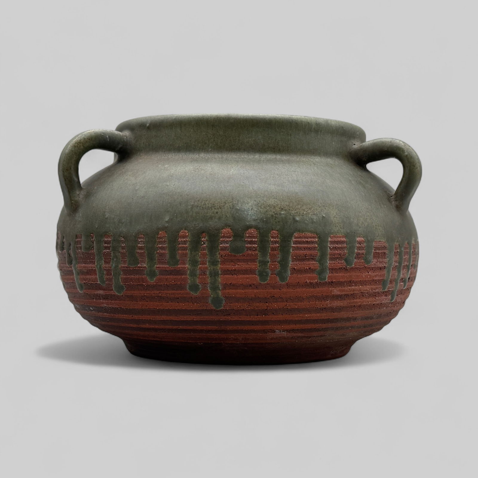 Merrimac Pottery three handled vase, drip glaze. (1 of 6)