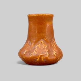 Early Pewabic Pottery mat glaze vase, carved maple leaves
