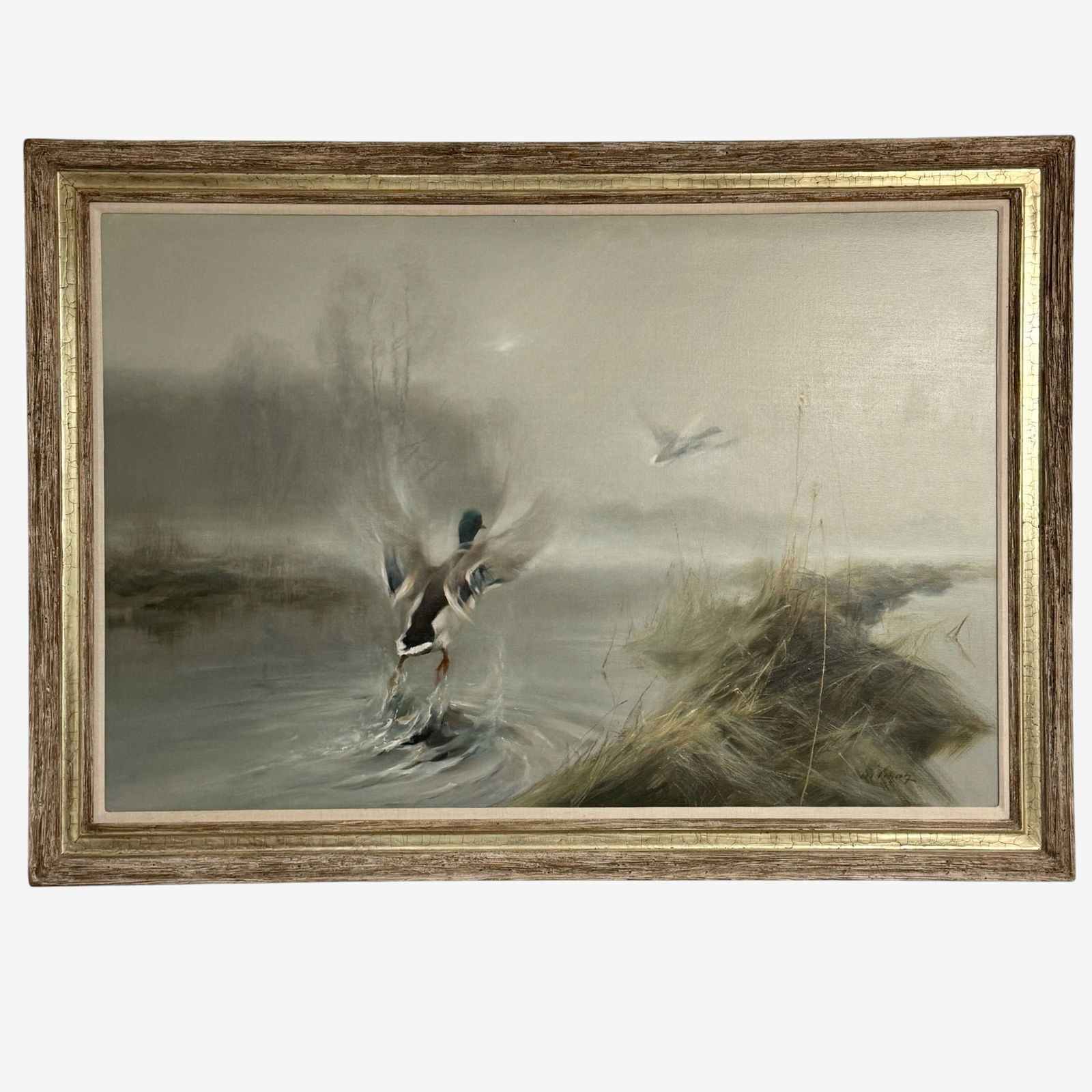 "Breaking the SIlence" by Manfred Schatz: Manfred Shatz (German, 1925-2004). Oil on canvas, titled via verso label "Breaking the Silence", signed l.r. A monumental subject for the artist. 39" x 58" (sight), 48" x 67" (framed).