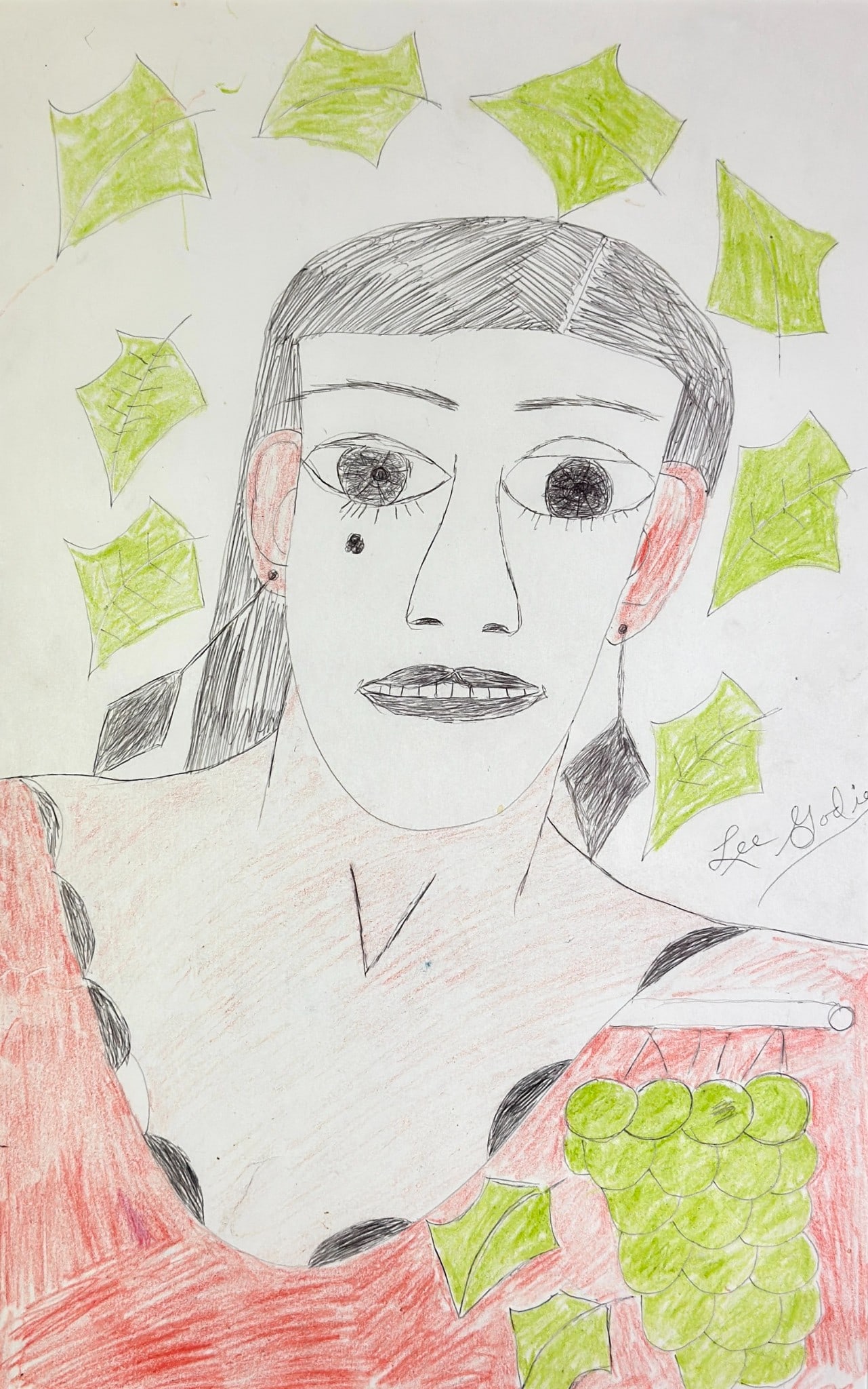 Portrait by Lee Godie: Lee Godie (American, 1908-1994). Pencil and crayon on paper, signed r.c. 21.5" x 13.5" (sight), 29.5" x 20.5" (framed).