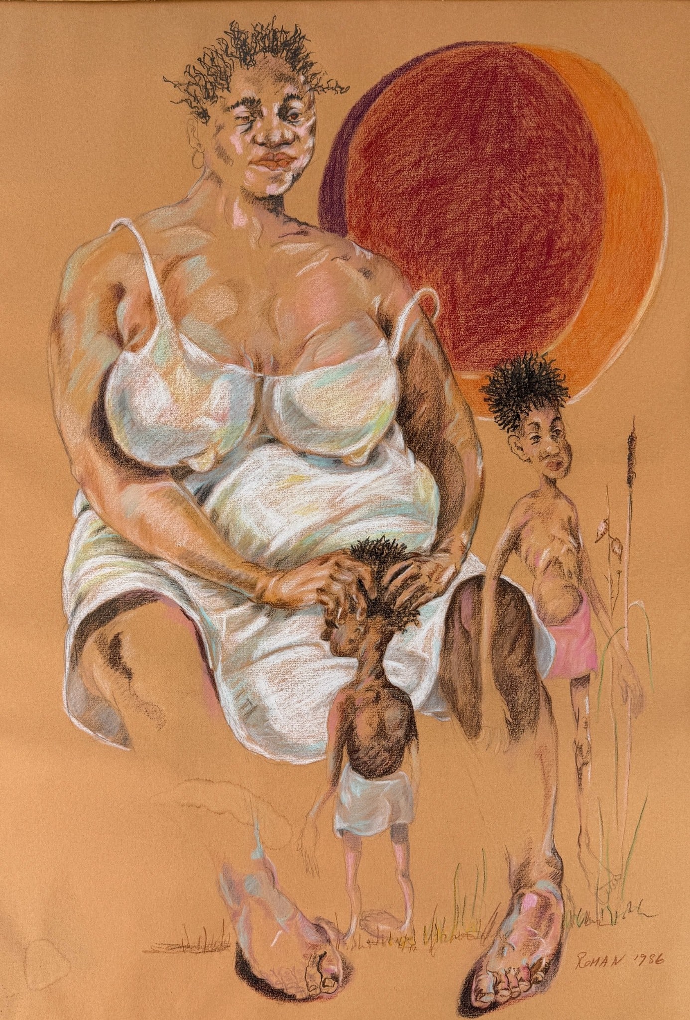 Pastel of a Mother and Children by Roman, 1986: 1986, pastel and graphite on paper, signed and dated l.r. 22" x 16" (sight).
