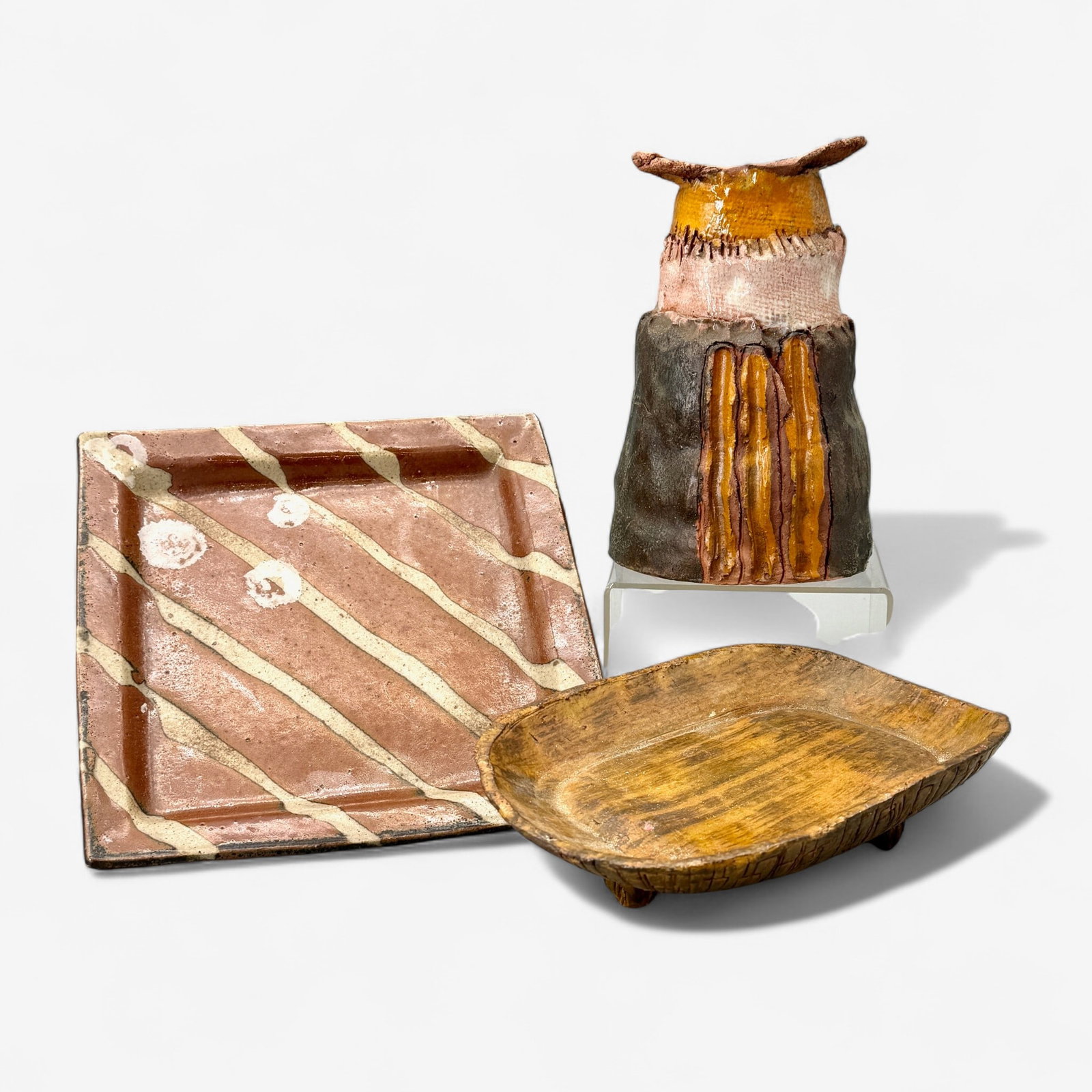 Three Examples Studio Ceramics: Including a shallow tripod bowl, a plate, and a vase. Tallest ht. 7.25".