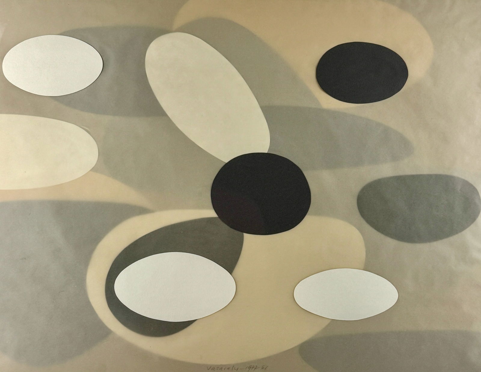 Victor Vasarely, Original Collage Construction: "LUM" Layered cut paper collage, with translucent paper, and more cut paper. Conceived in 1947, and executed in 1961. The layering effect achieves depth and a three dimensional quality. Signed and dat