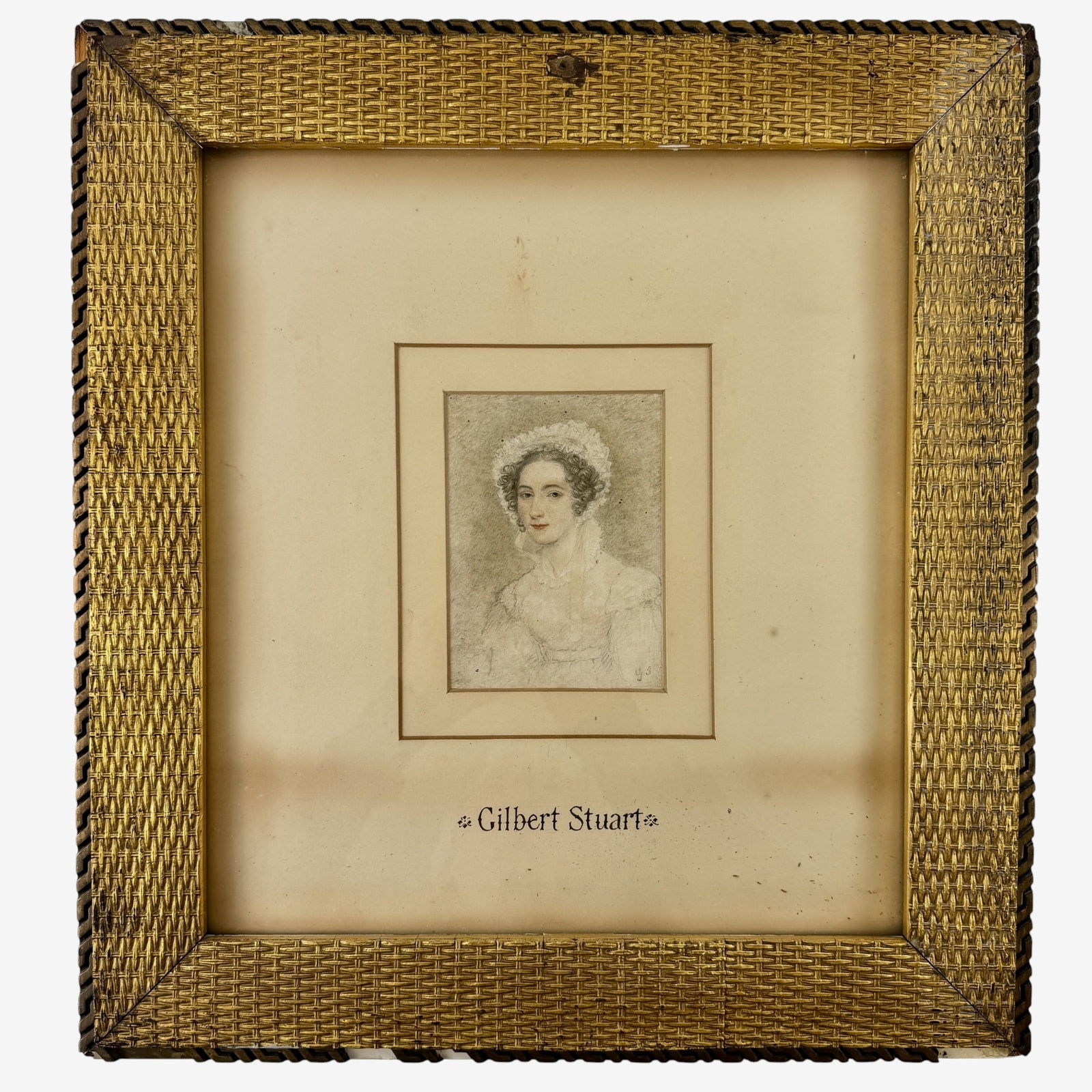 Portrait of Charlotte Eves with Attribution to Gilbert Stuart: Early 19th century. A miniature style portrait in graphite and watercolor, initialed l.r., and with lengthy inscription to verso identifying the sitter as "Portrait of Lady Charlotte Eves/ of Bury St.