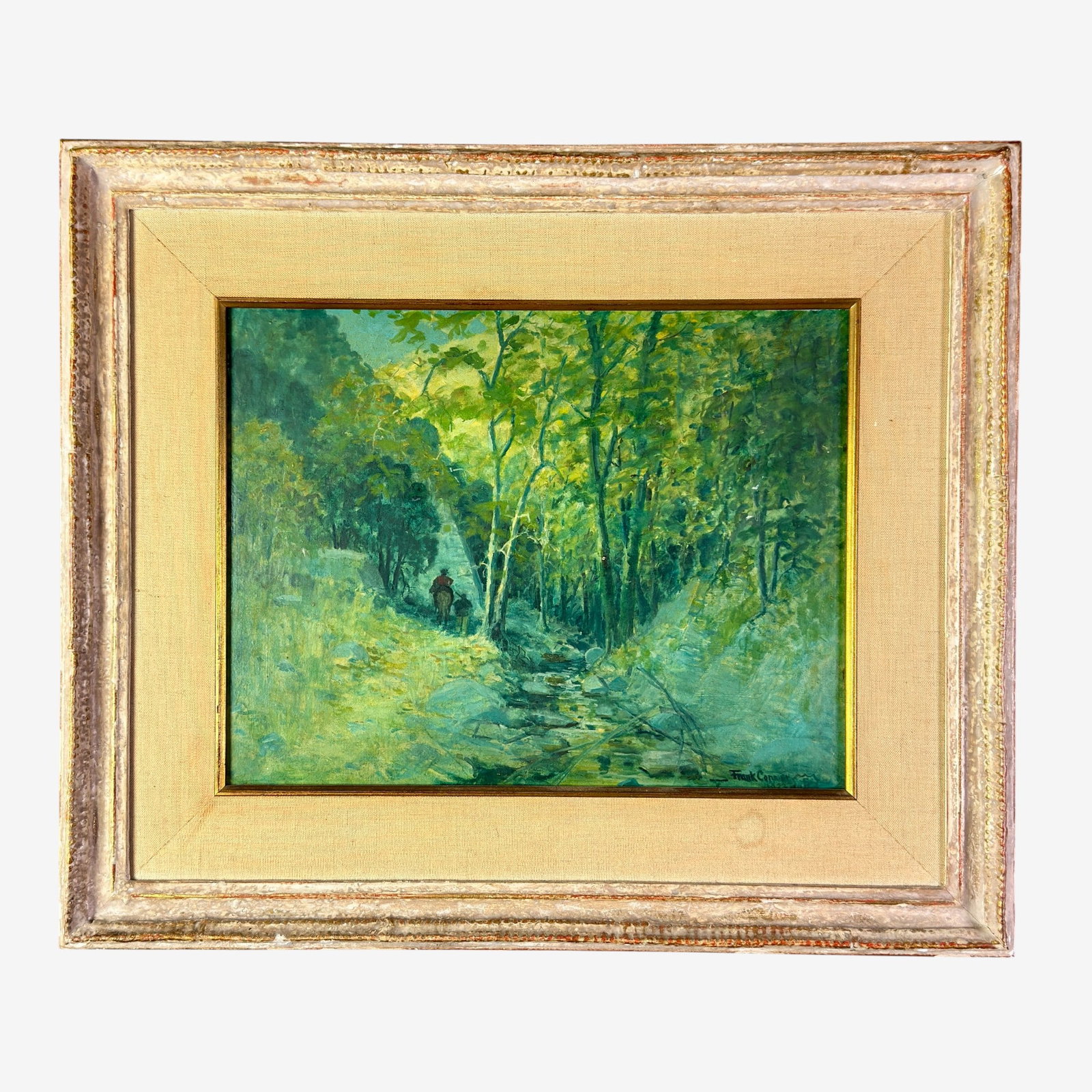 Tonalist Hunt Scene, 1922: Signed "Frank Con...", with monogram and dated 1922. Oil on board, a well excuted tonalist forrest interior, with pair of hunters. 12" x 16" (sight), 20" x 23" (framed).