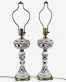 Pair of Milk and Cranberry Glass Lamps