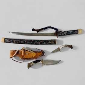 Pair of Bone Handles Knives and Sword
