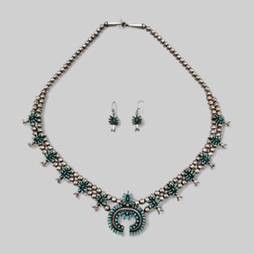 Zuni Sterling Silver and Turquoise Squash Blossom Set