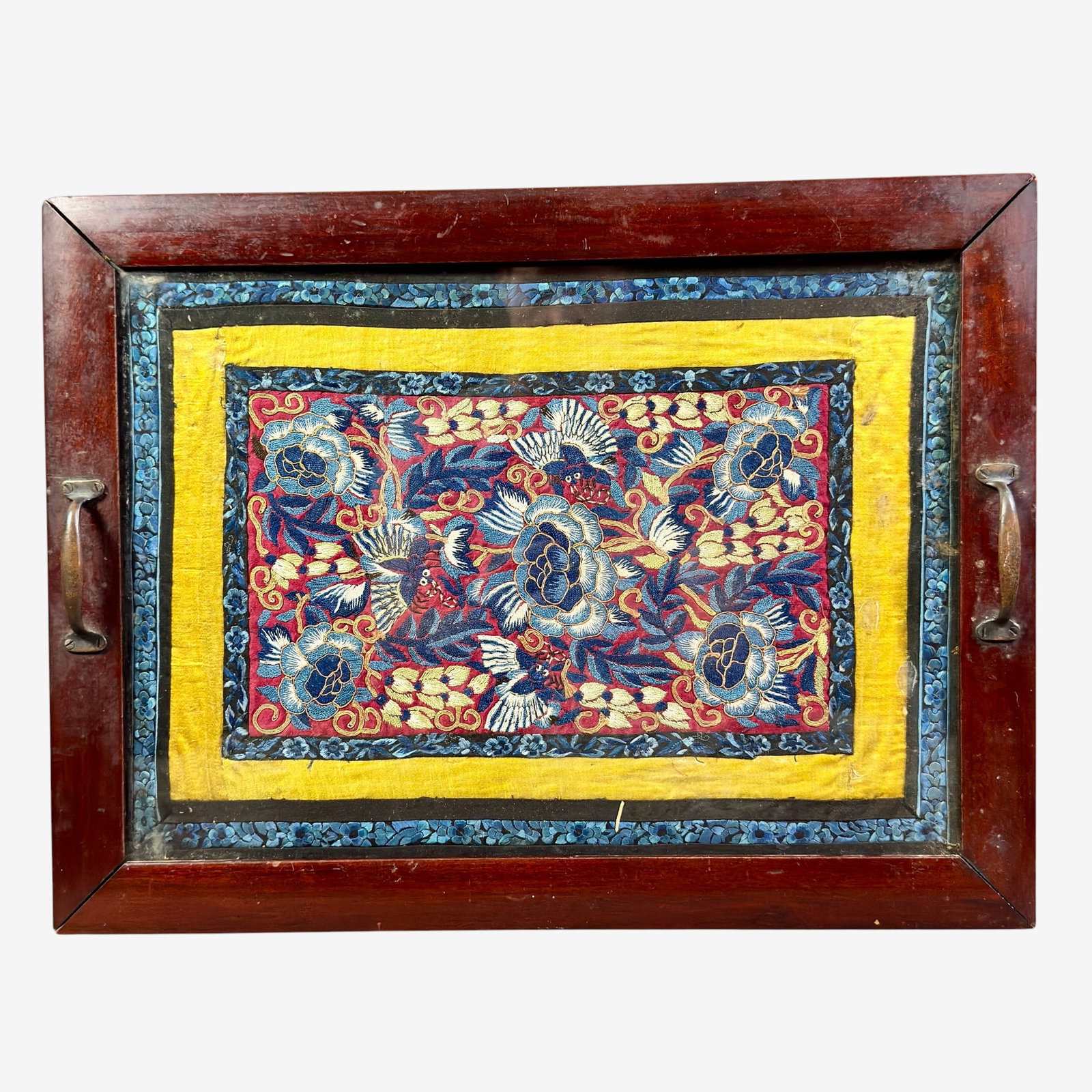 Chinese Rank Badge Tray: A 19th century rank badge, all housed in a serving tray for export. Tray measures 19.5" x 15"