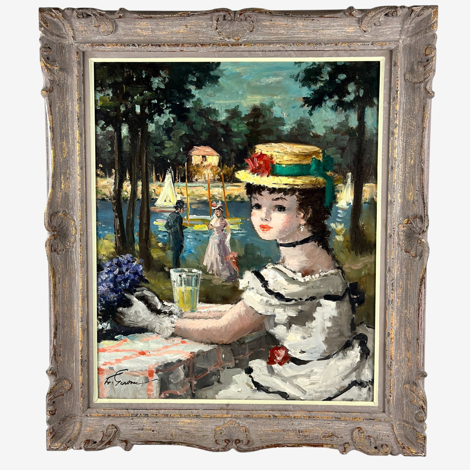 Lady at a Table by Francois Gerome: Francois Gerome (French, 1895-?). Oil on canvas, signed l.l. 24" x 20" (sight), 30" x 36" (framed).
