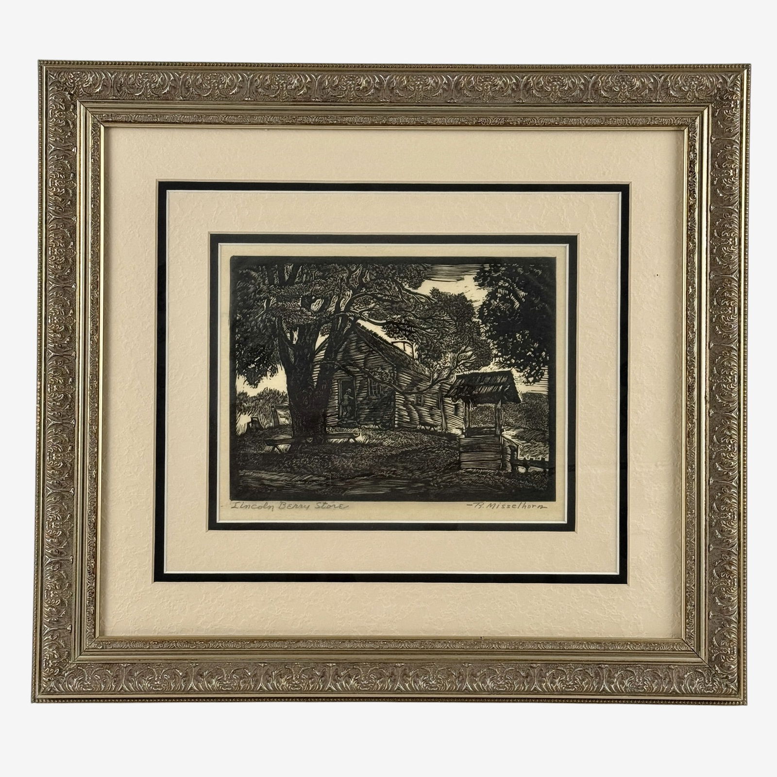 R. Misselhorn Lithograph, "Lincoln Berry Store": Signed in graphite to the lower right and titled lower left. Plate size: 6" ht. x 8" wd., framed size: 15.5" ht. x 17.5" wd.
