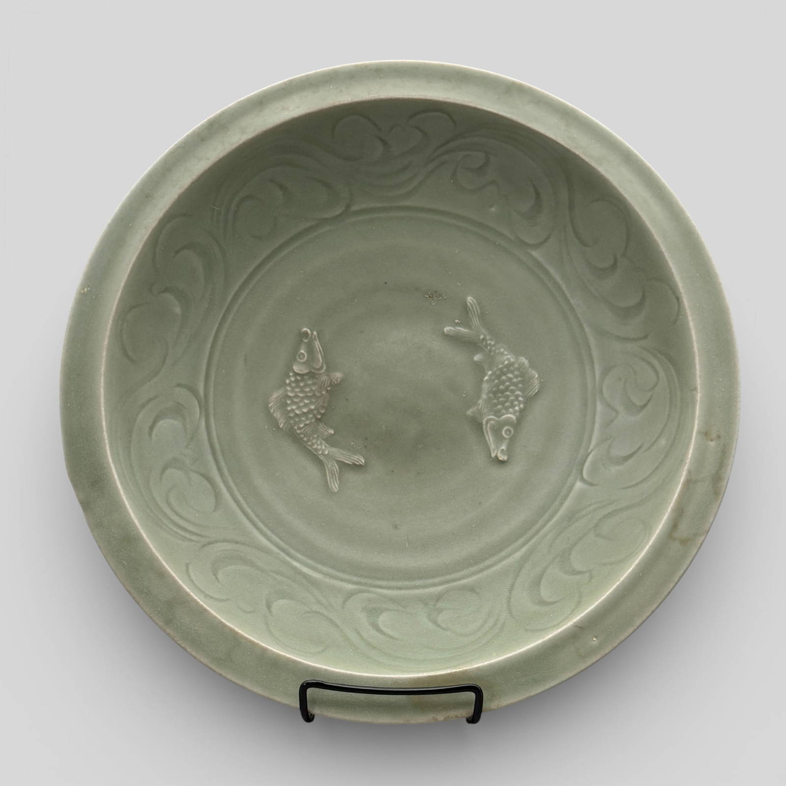 Massive Longquan Celadon \"Two Fish\" Charger