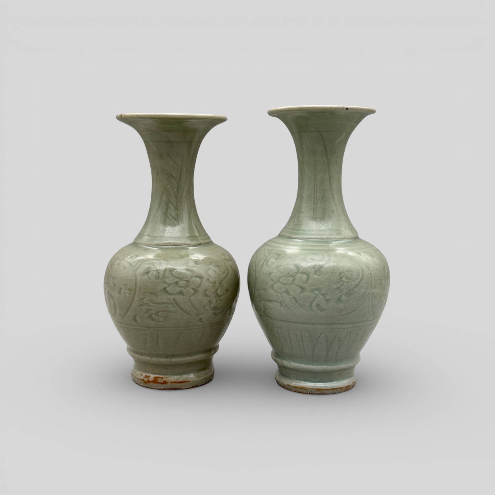 Pair of Longquan Celadon Fluted Vases