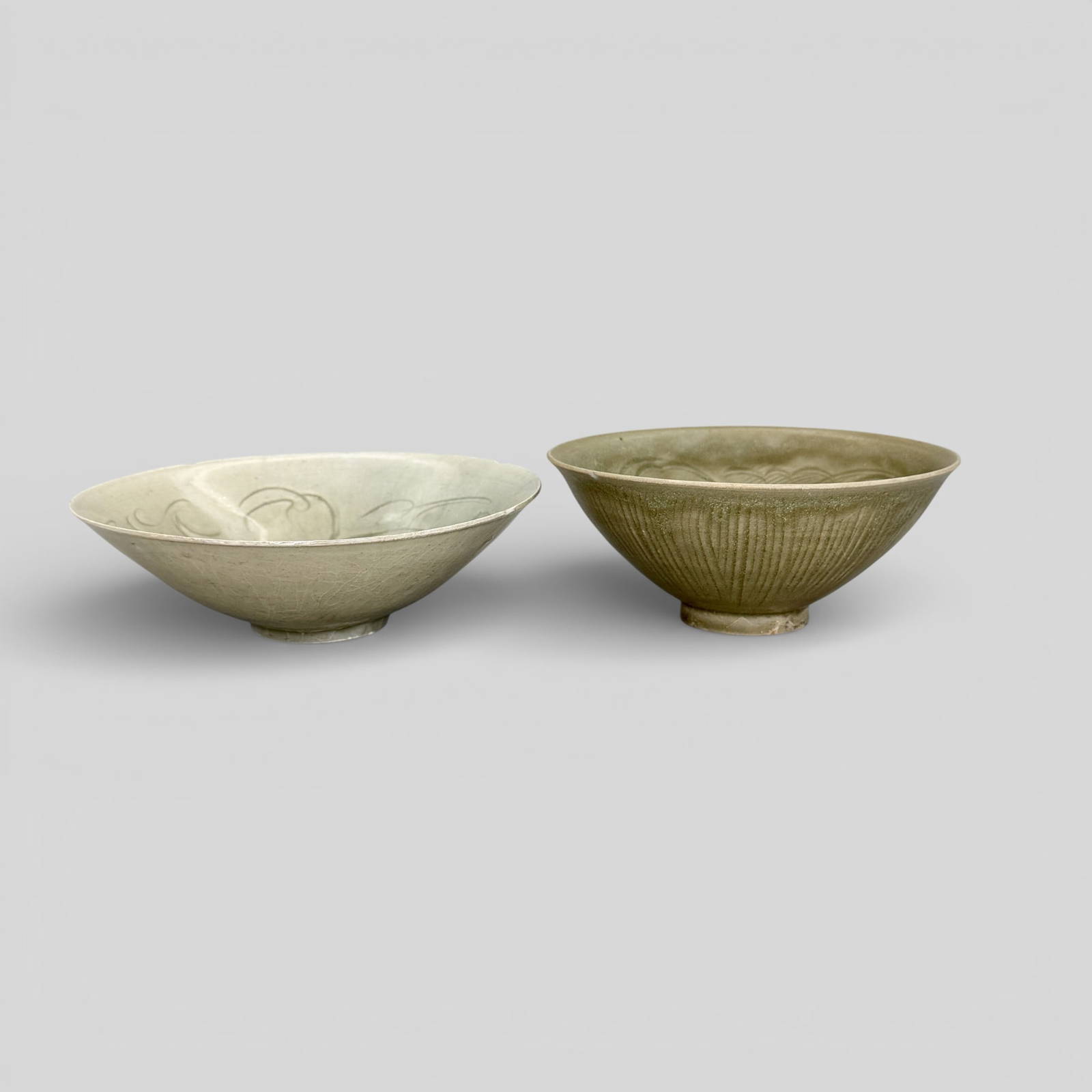 Pair of Carved Celadon Flower Bowls