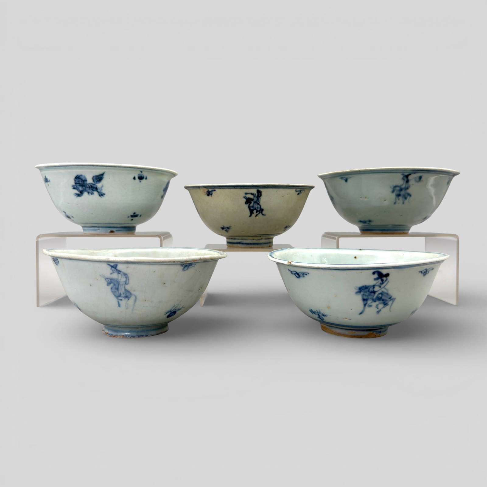 Five Ming Dynasty Bowls with Horseback Figures