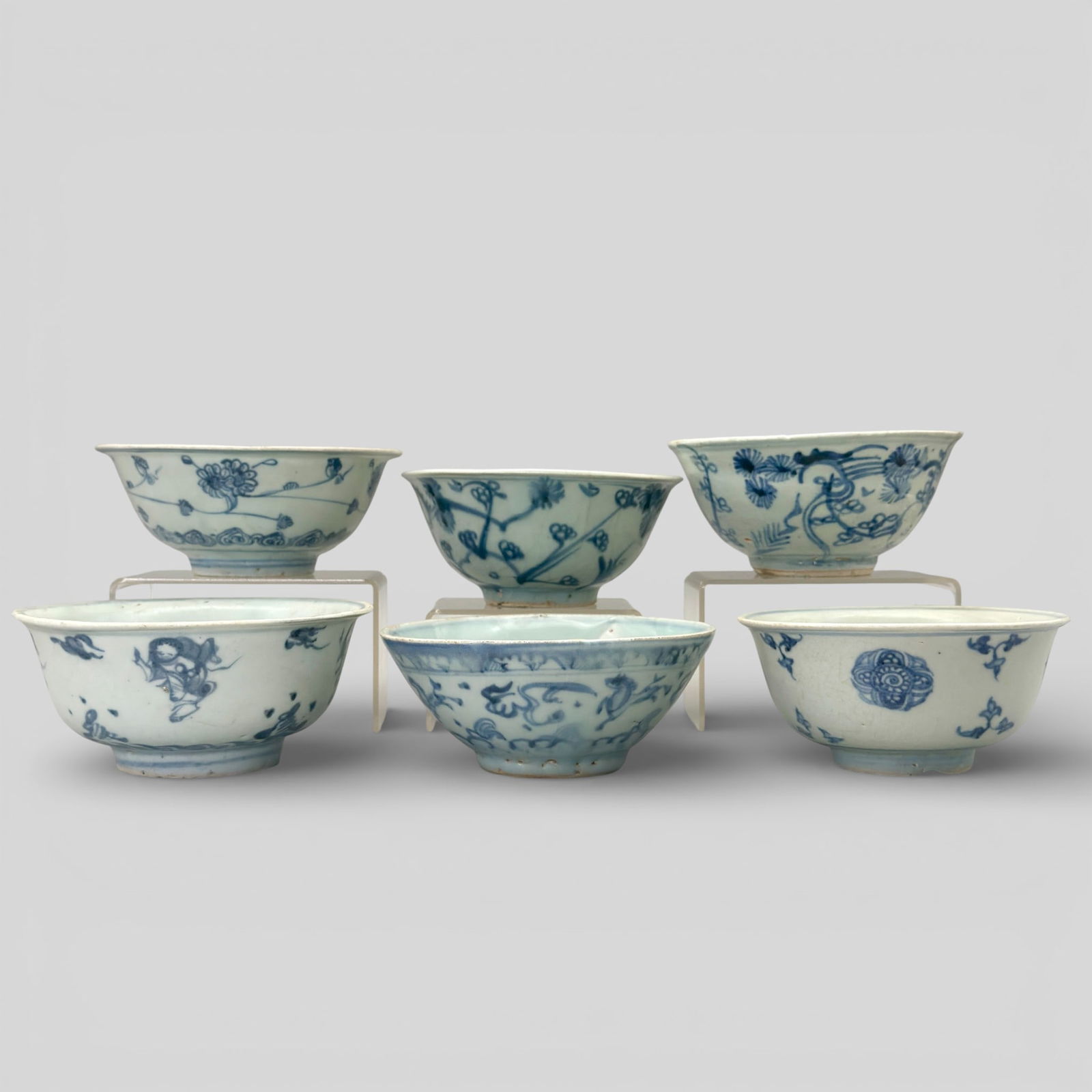 Six Ming Blue and White Bowls: A group of six Ming period blue and white bowls in varying decoration style. Largest ht. 3", diameter 5.75". PROVENANCE Private Collection, Columbus OHCollected fr