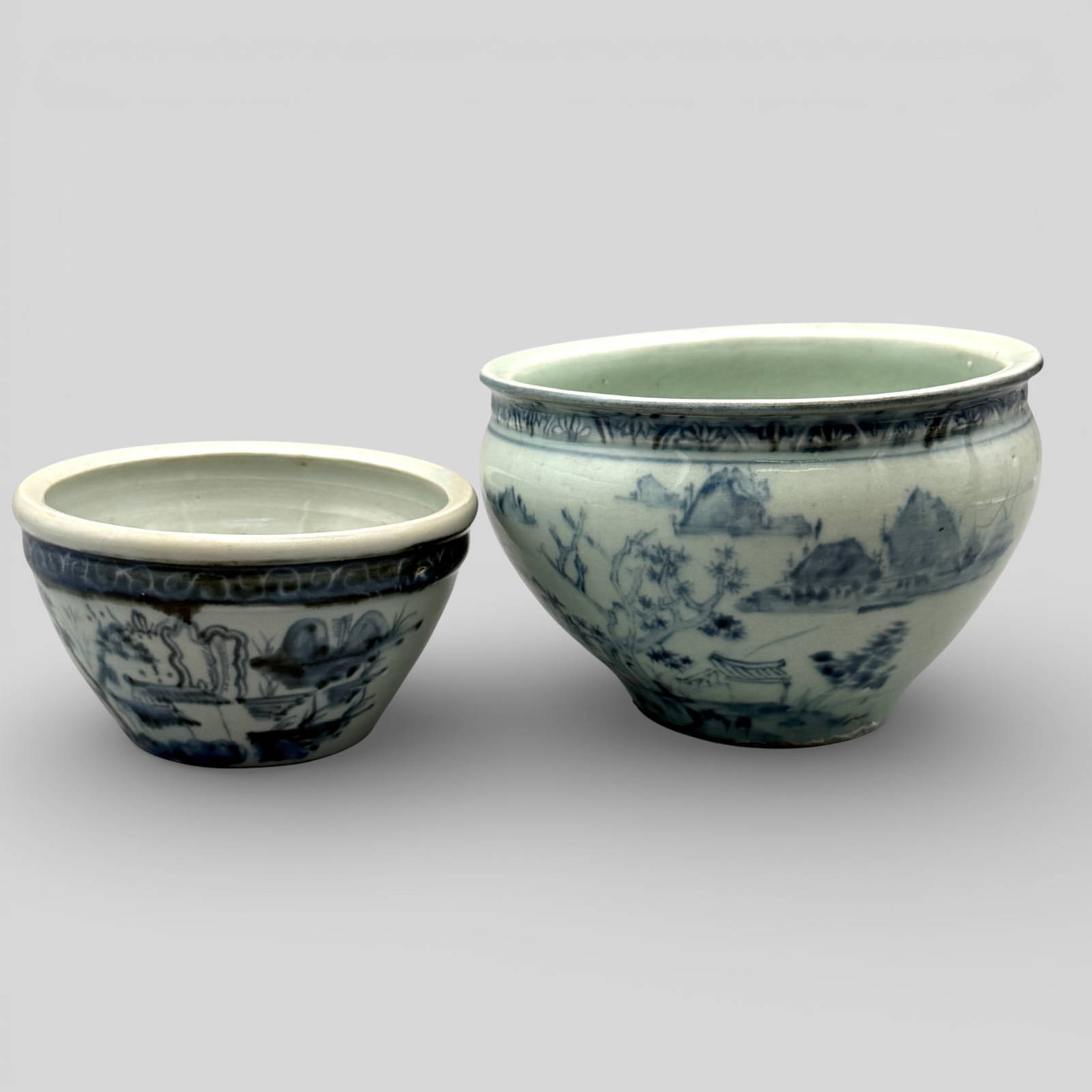 Pair of Ming Period Scenic Blue and White Planters
