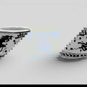 Ming Period Small Planter with Seasonal Characters: Ming period, a small planter on unusual foot with cut down area (probably for balance), a scholarly planter with character related to Autumn and Spring, and with playful characters in underglaze blue.