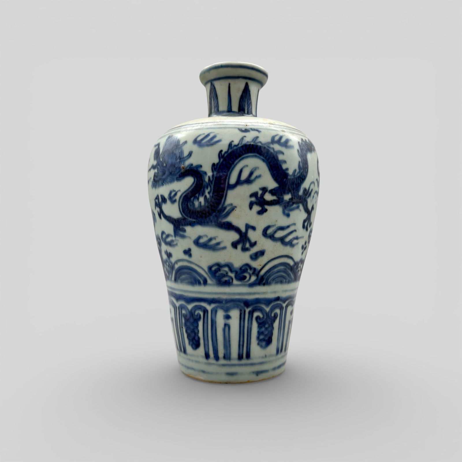 Ming Period Meiping Form Dragon Vase: Ming period, a blue and white vase with dragon chasing flaming pearl. Ht. 10.75". PROVENANCE Private Collection, Columbus OHCollected from sources in Southeast and