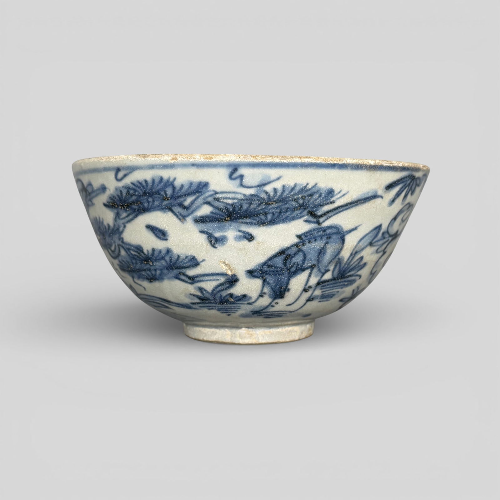 Ming Period Blue and White Bowl: Ming period, body con sisting of an animal and duck within nature setting, the interior containing leaping deer and birds. Ht. 3.5", diameter 7.25". PROVENANCE Private C