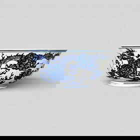 Blue/White Porcelain Dragon Bowl Marked Ruoshen: Marked Ruoshen Zhencang ("Treasured Collection of Ruoshen", or "Treasured Collection of the Seemingly Old". A blue and white porcelain bowl in underglaze blue decoration, a ;pair of dragons chasing th