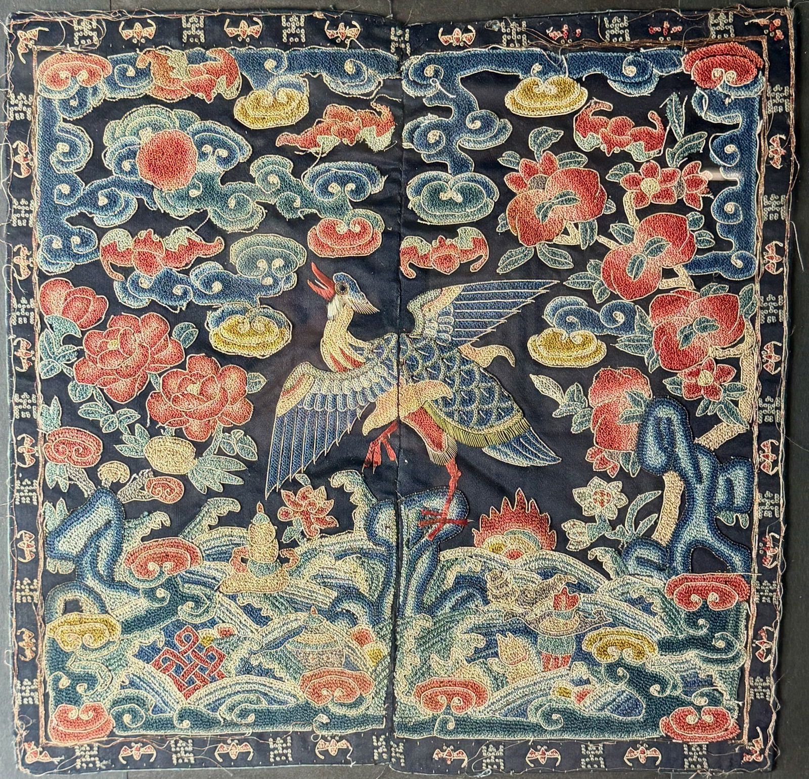 Qing Dynasty Chinese Military Rank Badge: A third rank Qing dynasty military rank badge, mandarin square. Golden pheasant to center, heavy floral patterning to upper portion. Hills with florals to lower portion. Size: 12" ht. x 12" ht.