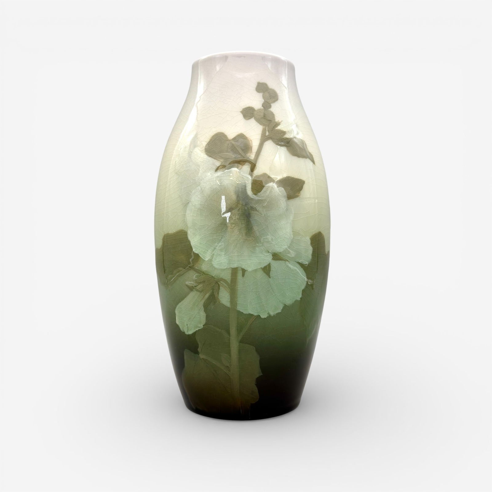 Rookwood iris glaze vase, hollyhocks, Asbury, 1907 (1 of 6)