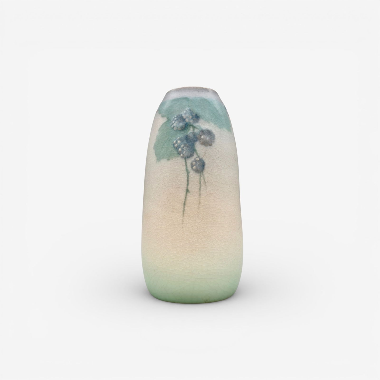 Rookwood Vellum vase, blackberries, McDermott: Rookwood Vellum glaze vase with blackberry decoration done by Elizabeth F. McDermott in 1913. Impressed Rookwood logo, XIII, shape number 1871, V, incised EFM. Height 6 inches.