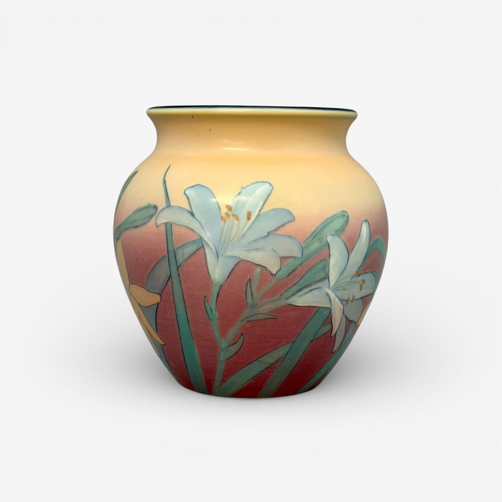 Rookwood Double Vellum Shirayamadani, day lilies: Crisp Rookwood Double Vellum by Kataro Shirayamadani in 1926 showing blue and yellow day lilies on a shade ground. The interior is lined in a deep glossy black glaze. Impressed Rookwood logo, XXVI, sh