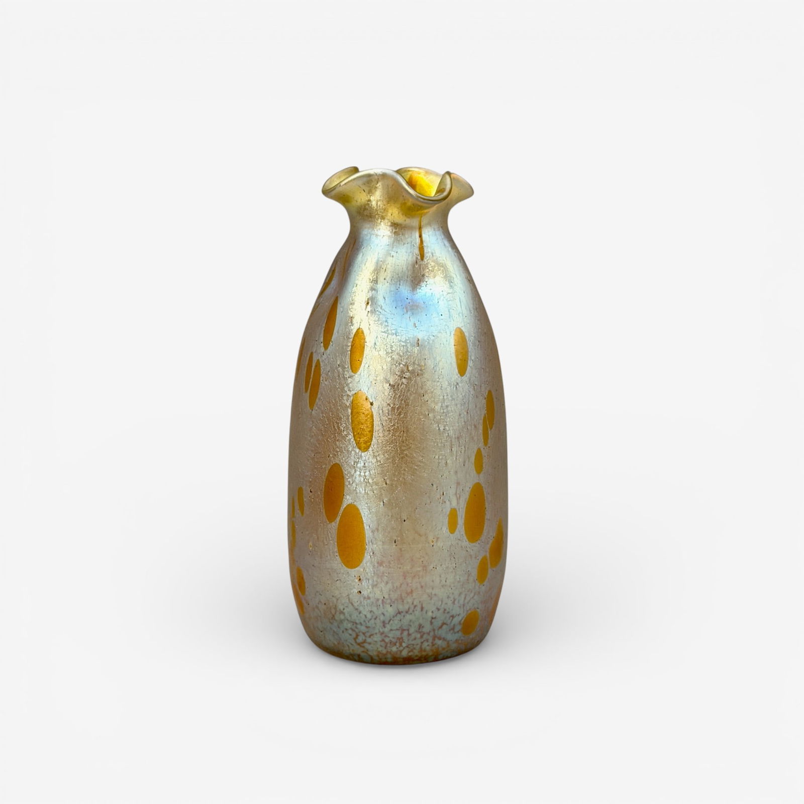 Loetz oil spot vase with ruffled rim: Loetz oilspot vase with ruffled rim. Unmarked. 7 1/8 inches ht.