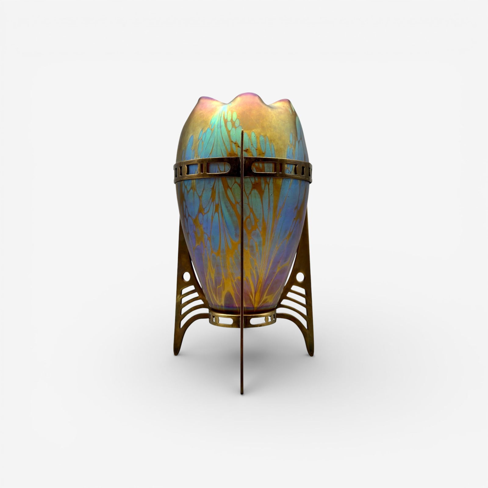 Loetz oil spot vase, brass feet and banding: Loetz oilspot vase, fitted with brass feet and banding. Vase is unsigned. Metal mount stamped Argentor Wein. Height 9 3/8 inches.