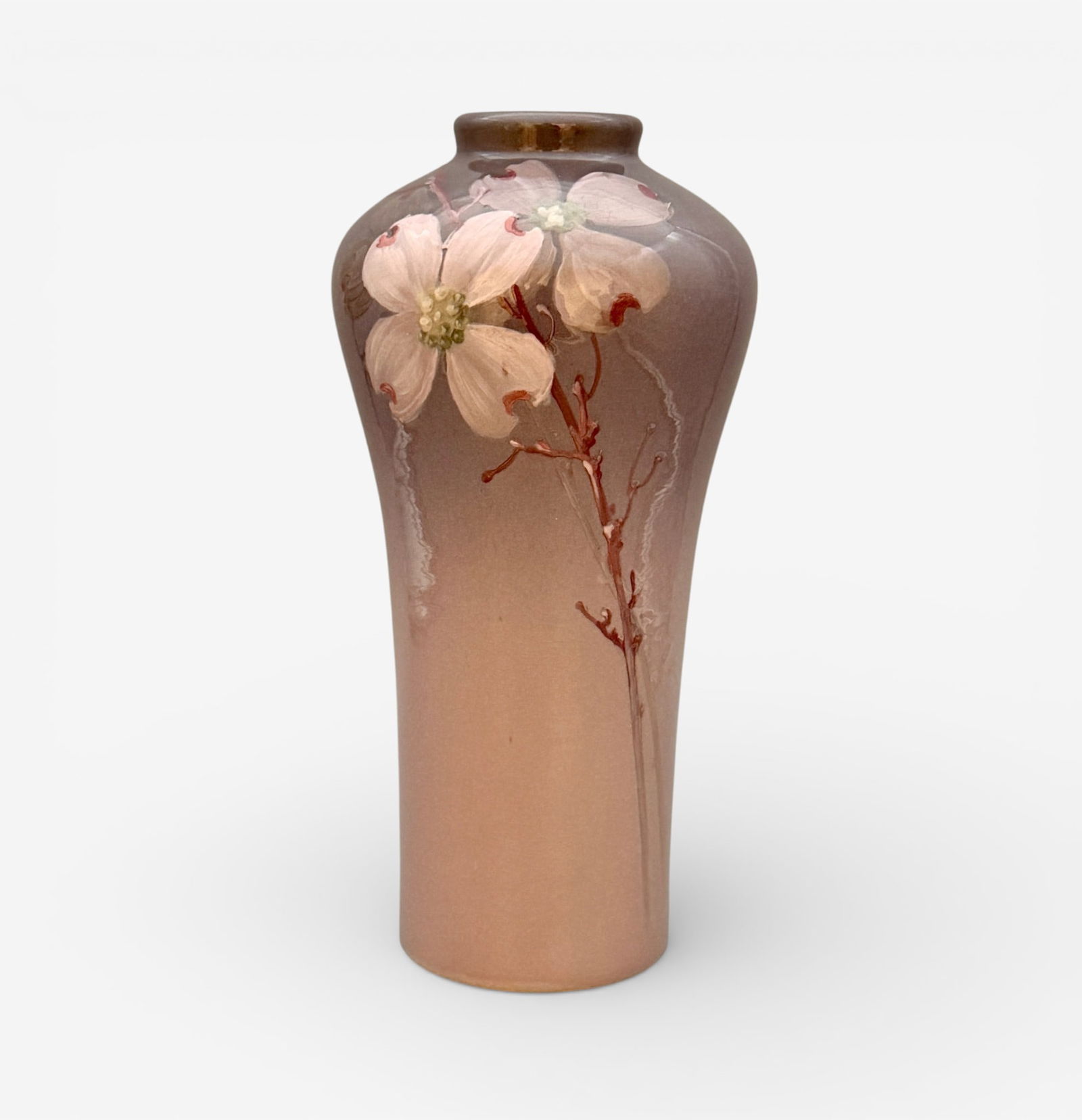 Weller Eocean vase, dogwood decor, Roberts: Stylish Weller Eocean vase with pink dogwood decoration on a lilac ground, the work of Eugene Roberts, circa 1905. Signed ER on side of vase with slip, Incised Eocean Weller on bottom. Height 11 1/2 i