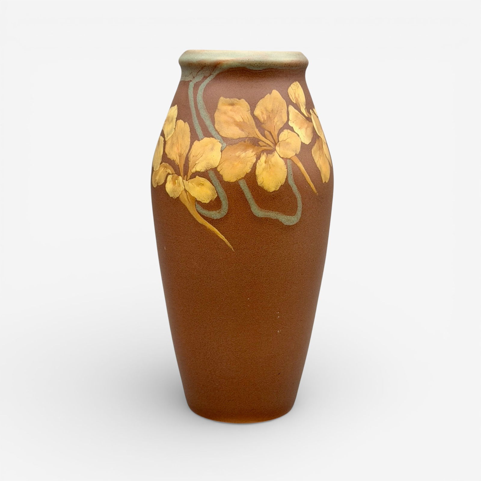 Good Rookwood Painted mat vase, nasturtiums, A.R. Valentien.: Good Rookwood Painted Mat vase with yellow nasturtiums and green stems done in 1901 by Albert Valentien. Impressed Rookwood logo, I, 192 CZ, full A.R. Valentien signature in black slip. Height 10 1/2