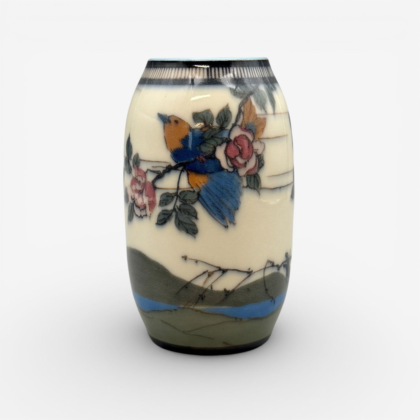 Arthur Conant, Decorated Porcelain, roses, bird: Dandy Arthur Conant scenic vase, a Decorated Porcelain with blooming roses and a blue and yellow bird all done in 1919. Impressed Rookwood logo, XIX, shape number 2068. Incised Conant's monogram. Heig