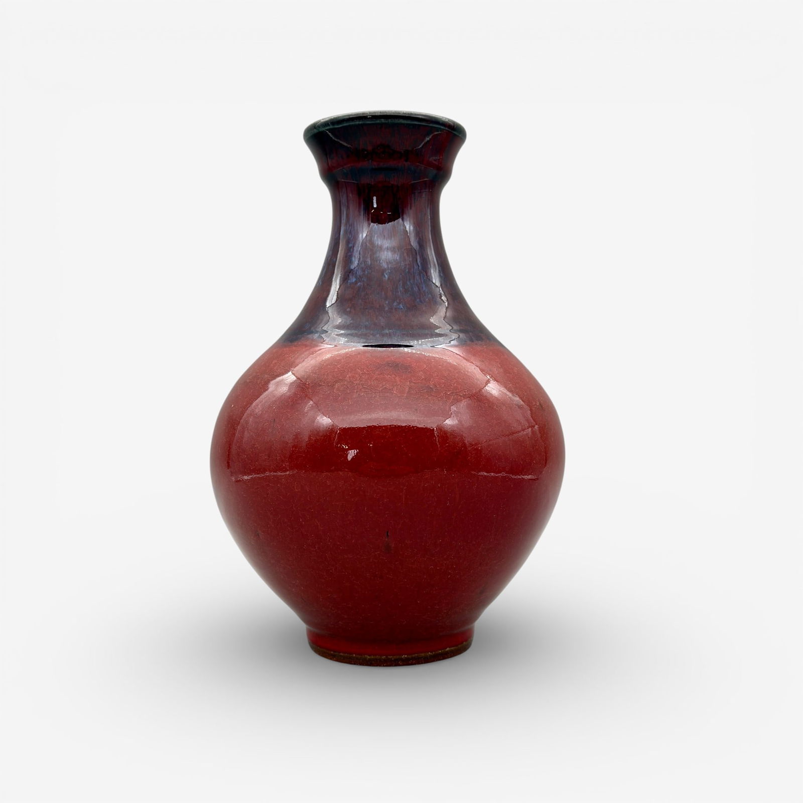 Jugtown vase, blue over rose flambe, 2002 (1 of 3)