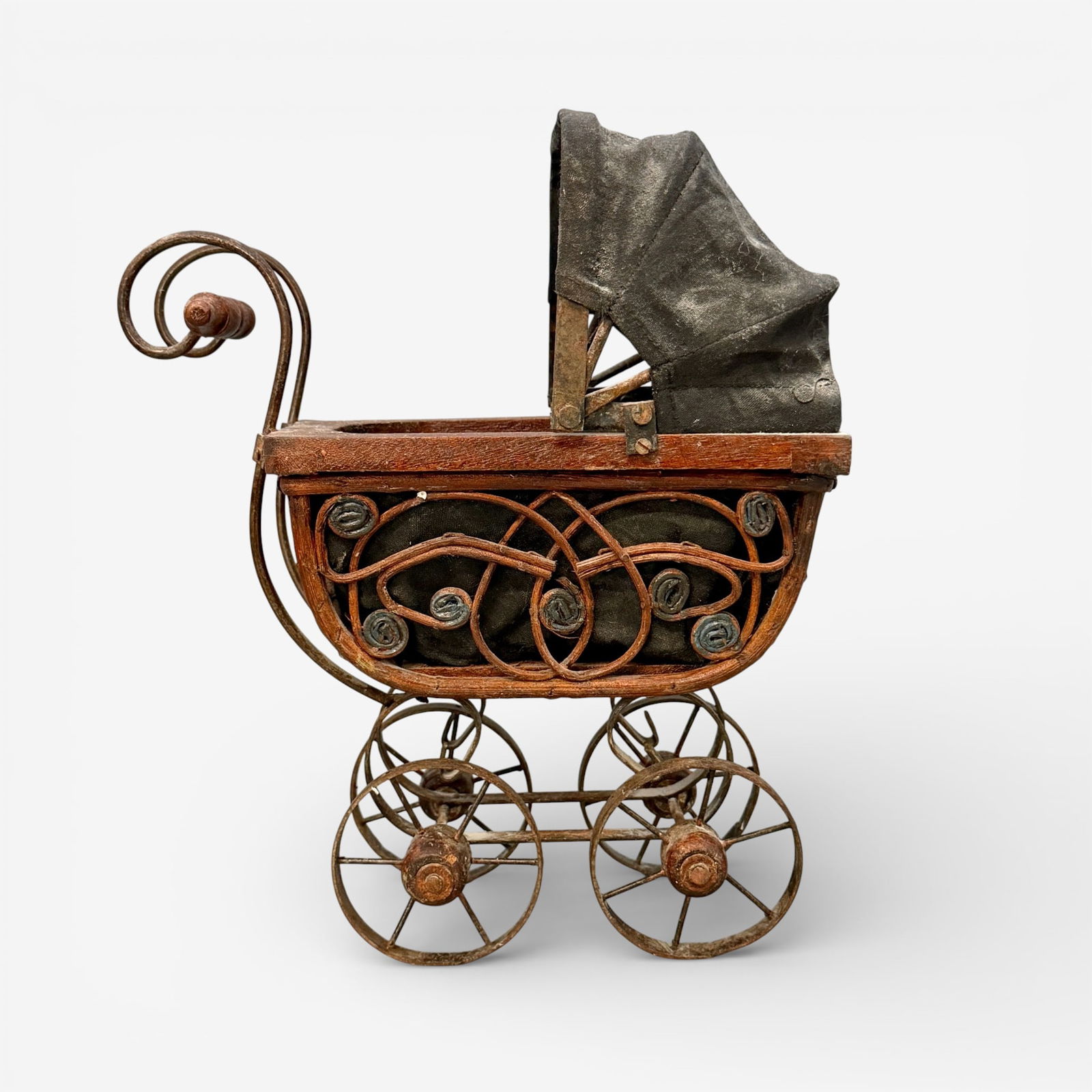 Hand crafted toy baby buggy, iron, wood, leather (1 of 6)
