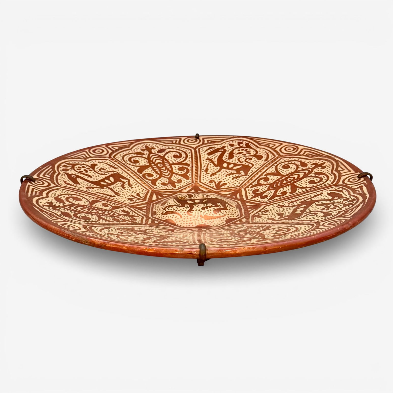Hispano-Moresque charger, gazelles and scarabs: Hispano-Moresque luster charger with alternating decoration of gazelles and stylied scarabs. unsigned. Diameter 16 3/4 inches.
