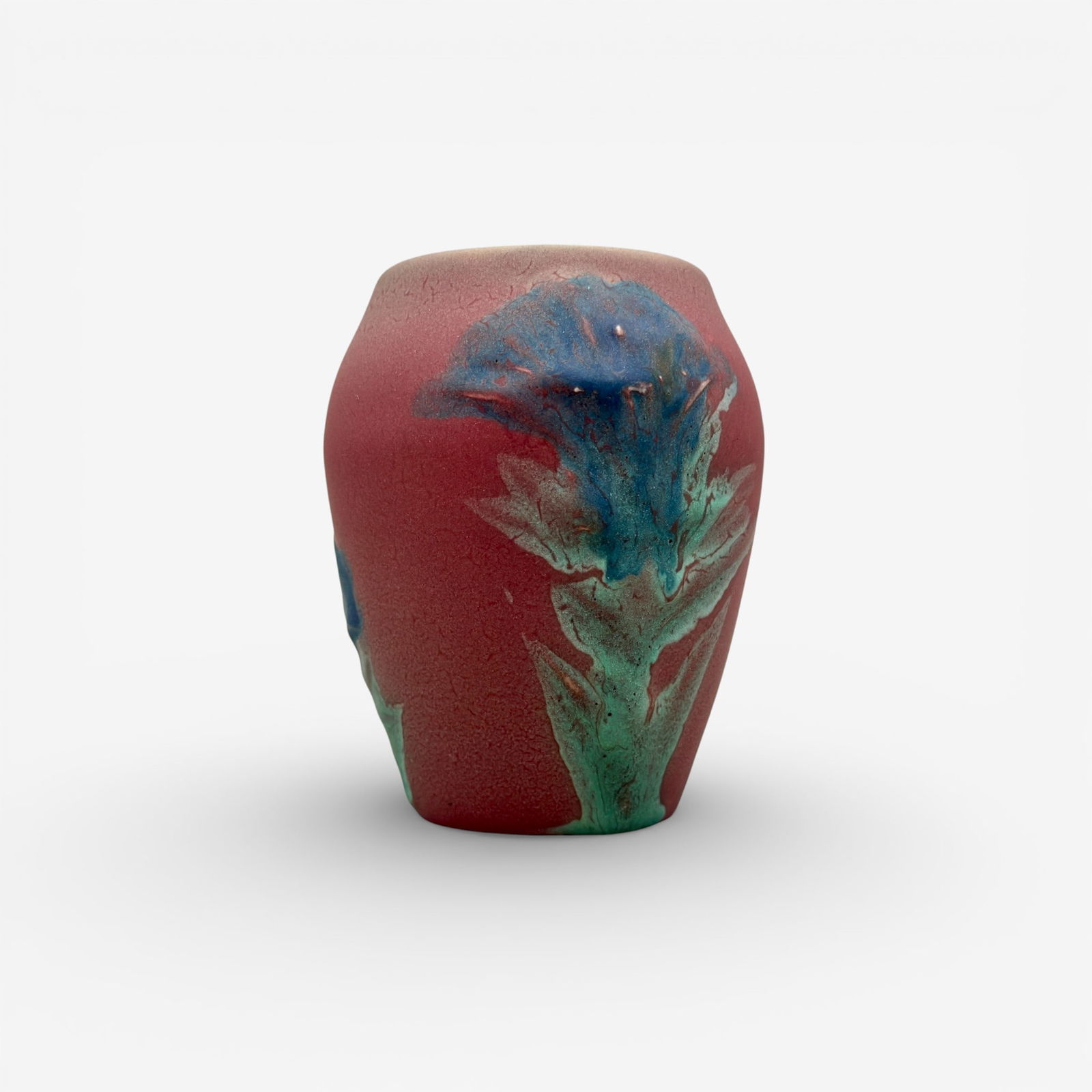 Rookwood Decorate Mat, thistdles, Toohey, 1905: Carved and painted Rookwood Decorated mat vase with thistles on opposite sides, done in 1905 by Sallie Toohey. Impressed Rookwood logo, V, shape number 942 E, incised artist's monogram. Height 4 5/8