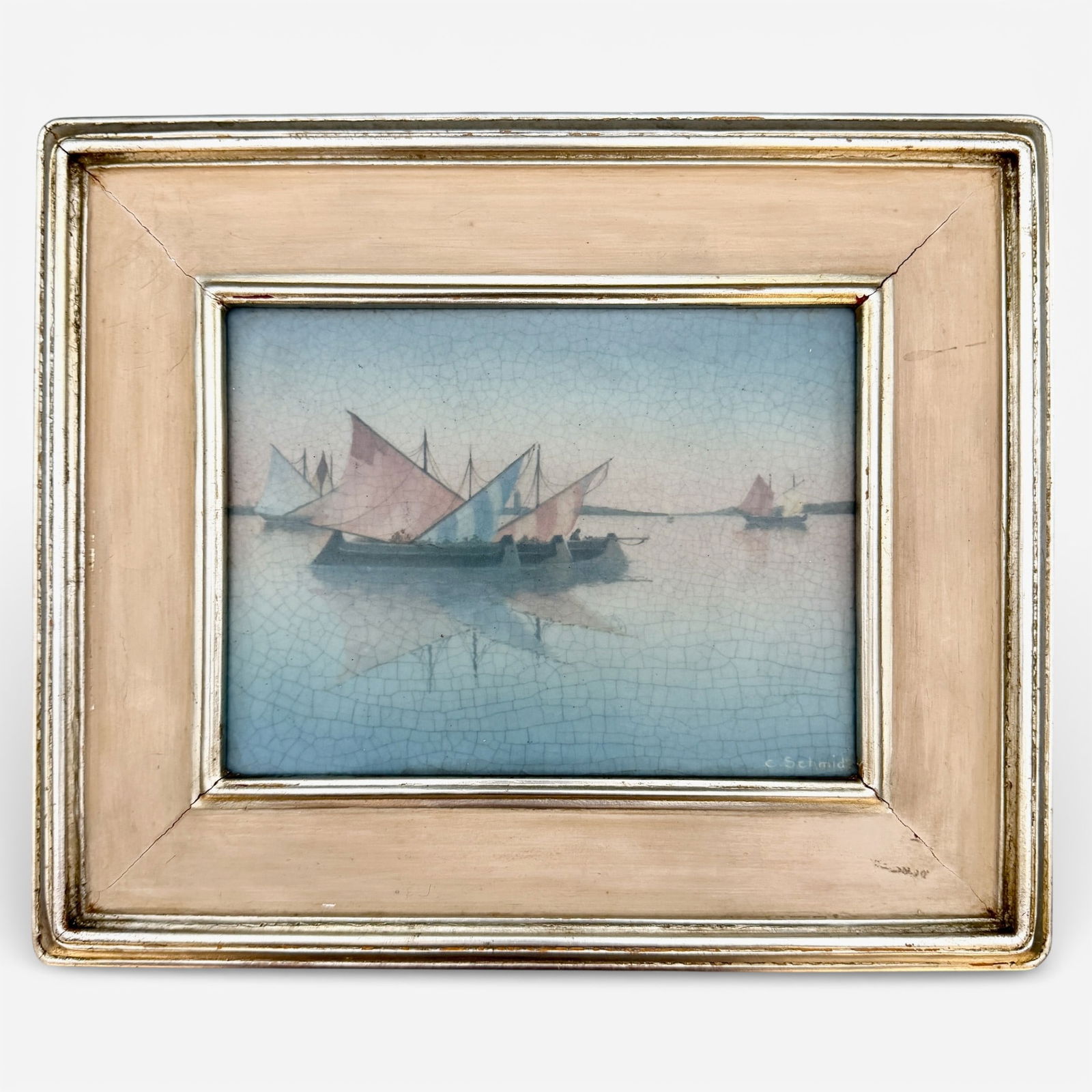 Rookwood Vellum glaze Harbor scene plaque, Schmidt, circa 1918: Rookwood Vellum glaze plaque with a view of the harbor in Venice, Italy done by Carl Schmidt, circa 1918. Signed C. Schmidt lower right. Not examined out of the original Closson Cincinnati frame. Sigh