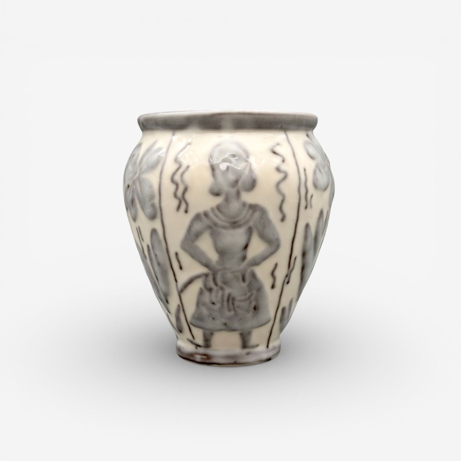 Rookwood Wax Mat, flowers, people, Jensen, 1943: Rare Jens Jensen for Rookwood Wax Mat vase divided into six panels, three with flowers and three with interesting people including a man with wide brimmed hat, a woman and a rather spectral figure. Im